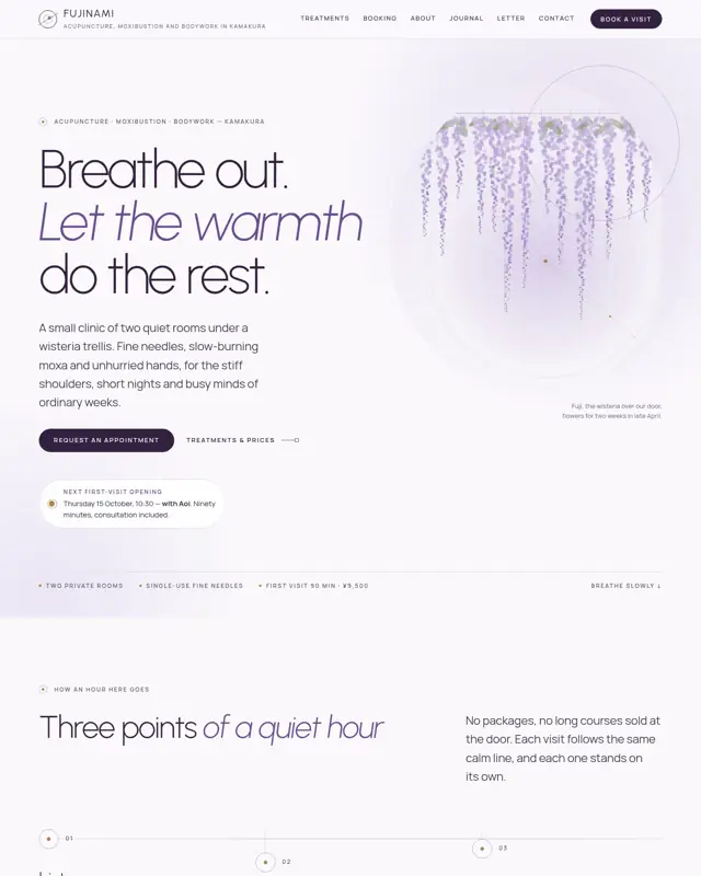Home page of the Fuji Shinkyu theme, a design for a wellness clinic
