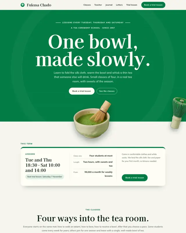 Home page of the Fukusa Chado theme, a design for a tea ceremony school