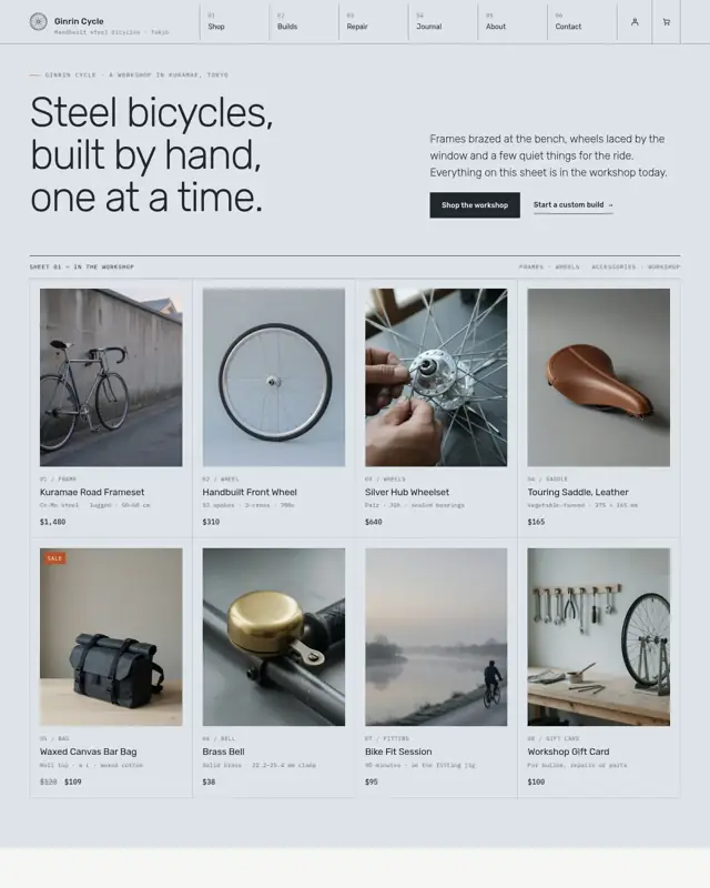 Home page of the Ginrin Cycle theme, a design for a bike shop
