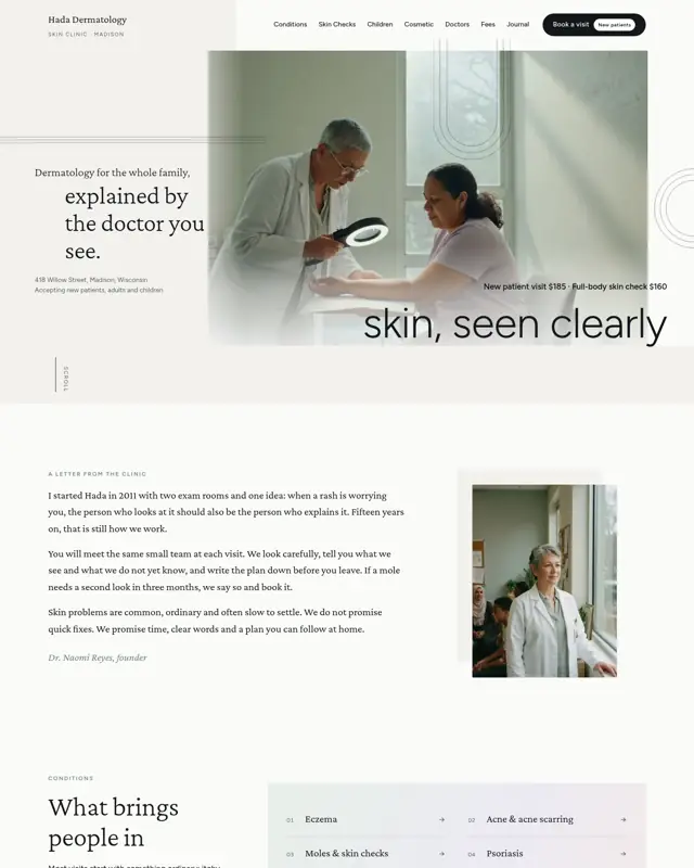 Home page of the Hada Dermatology theme, a design for a dermatology clinic