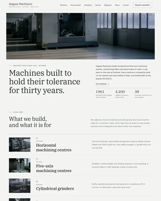 Home page of the Hagane Machinery theme, a design for a industrial machinery maker