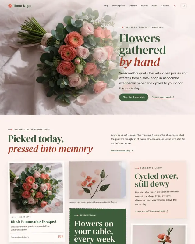 Home page of the Hana Kago theme, a design for a florist