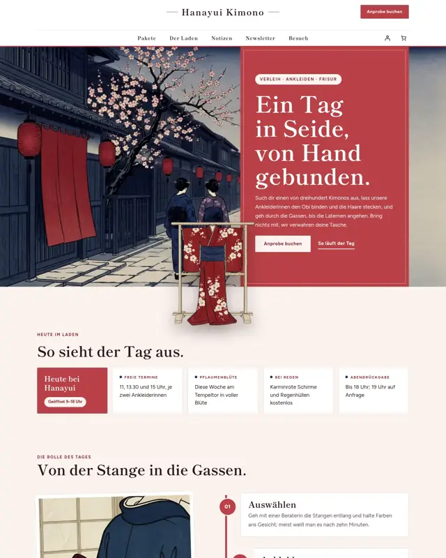 Startseite des Themes Hanayui Kimono, ein Design für die Branche Kimonoverleih und Ankleiden