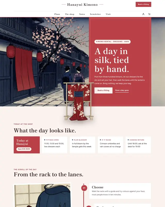 Home page of the Hanayui Kimono theme, a design for a kimono rental and dressing