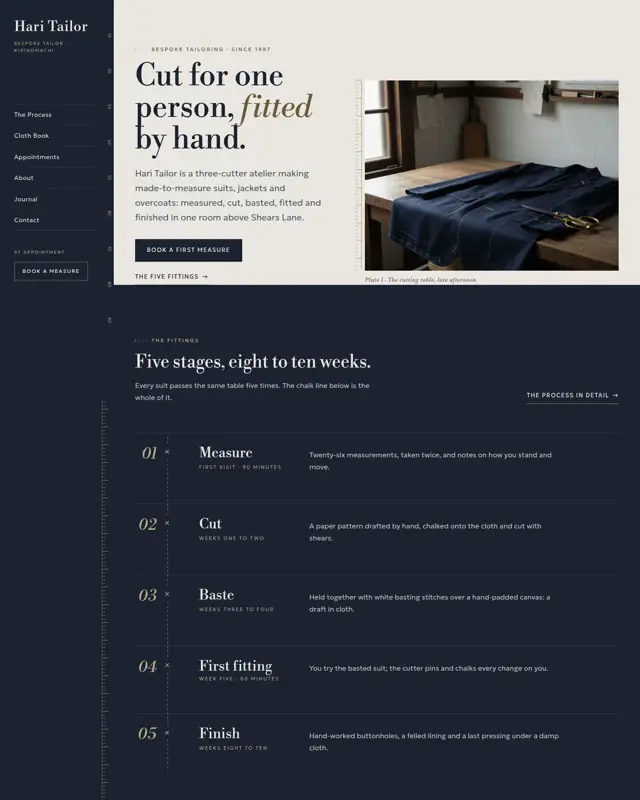 Home page of the Hari Tailor theme, a design for a bespoke tailor
