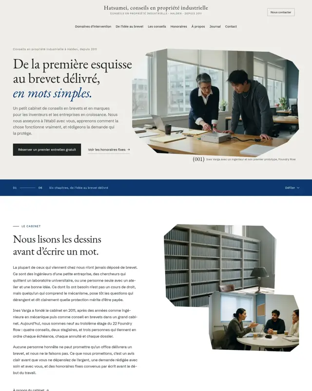 Page d’accueil du thème Hatsumei Patent Attorneys, un design pour la catégorie Cabinet de conseils en brevets et marques