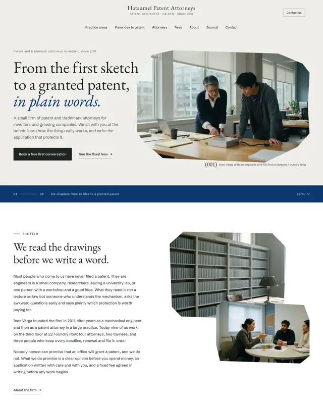 Home page of the Hatsumei Patent Attorneys theme, a design for a patent and trademark attorney firm