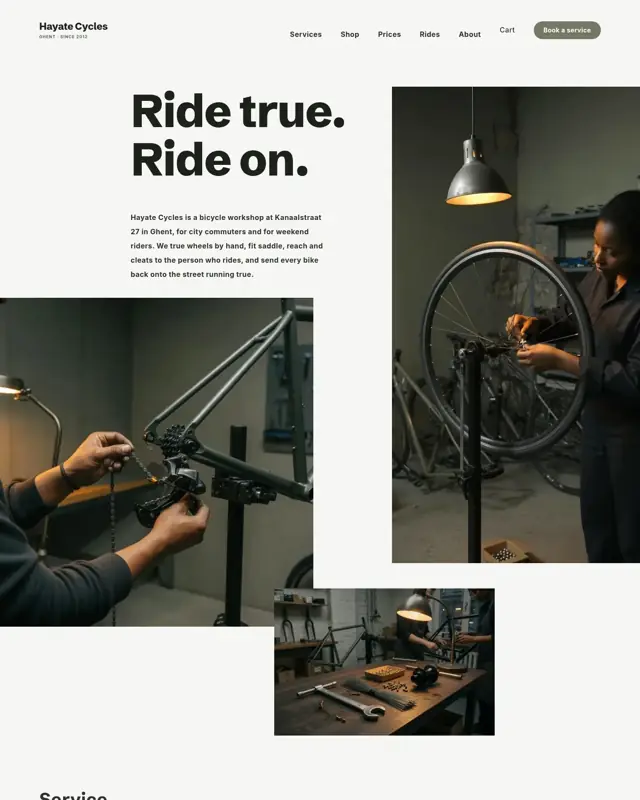 Home page of the Hayate Cycles theme, a design for a bicycle shop