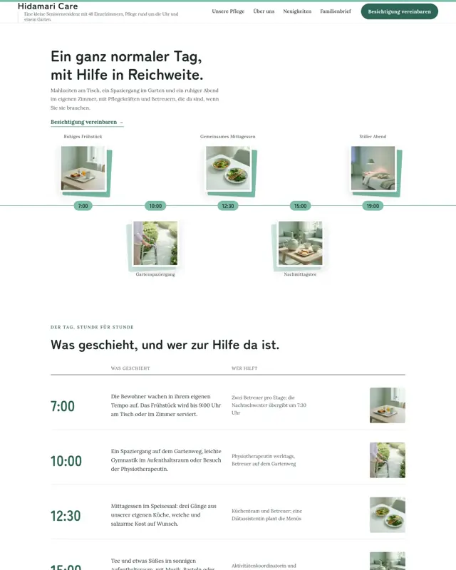 Startseite des Themes Hidamari Care, ein Design für die Branche Seniorenresidenz