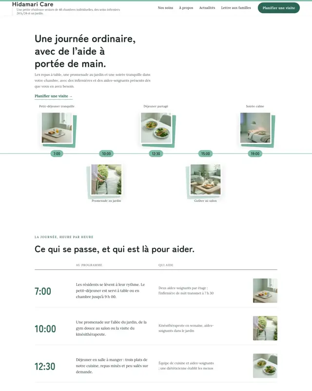 Page d’accueil du thème Hidamari Care, un design pour la catégorie Résidence services seniors