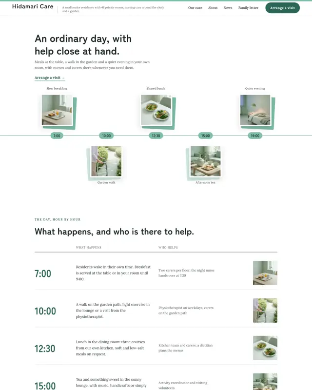 Home page of the Hidamari Care theme, a design for a senior care residence