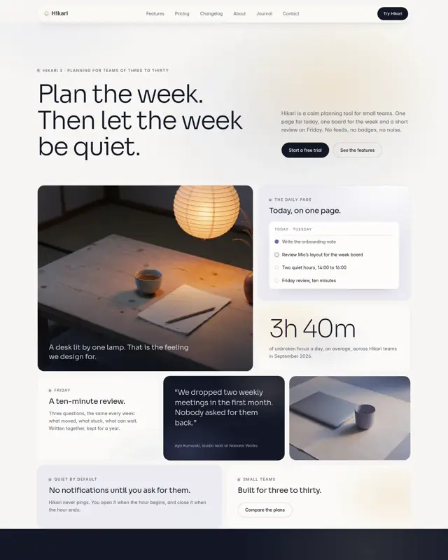 Home page of the Hikari App theme, a design for a software / saas