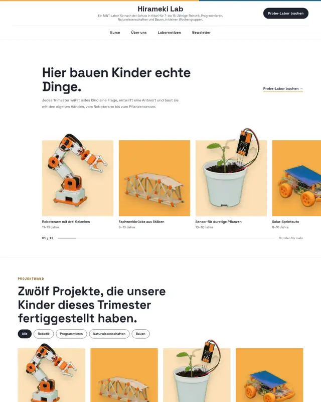 Startseite des Themes Hirameki Lab, ein Design für die Branche MINT-Nachmittagsakademie