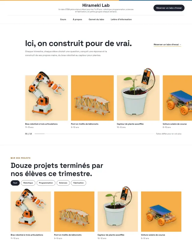 Page d’accueil du thème Hirameki Lab, un design pour la catégorie Atelier STEM périscolaire