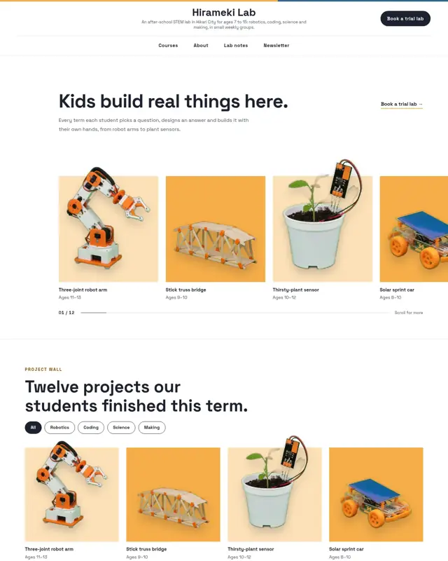 Home page of the Hirameki Lab theme, a design for a after-school stem academy