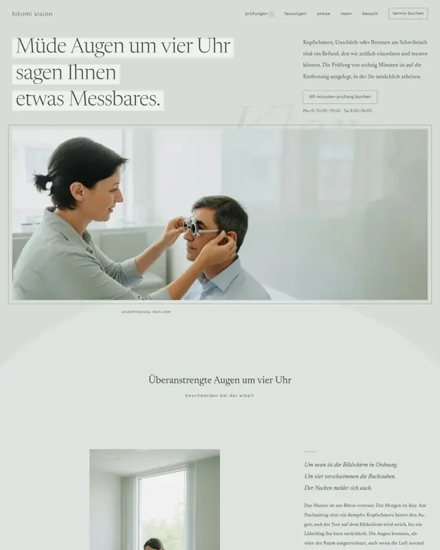 Startseite des Themes Hitomi Vision, ein Design für die Branche Optometrie-Praxis