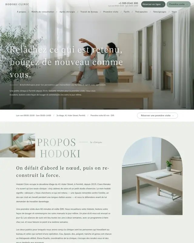Page d’accueil du thème Hodoki Clinic, un design pour la catégorie Cabinet de physiothérapie