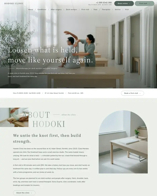 Home page of the Hodoki Clinic theme, a design for a physiotherapy clinic