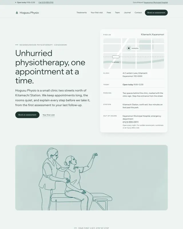 Home page of the Hogusu Physio theme, a design for a physiotherapy
