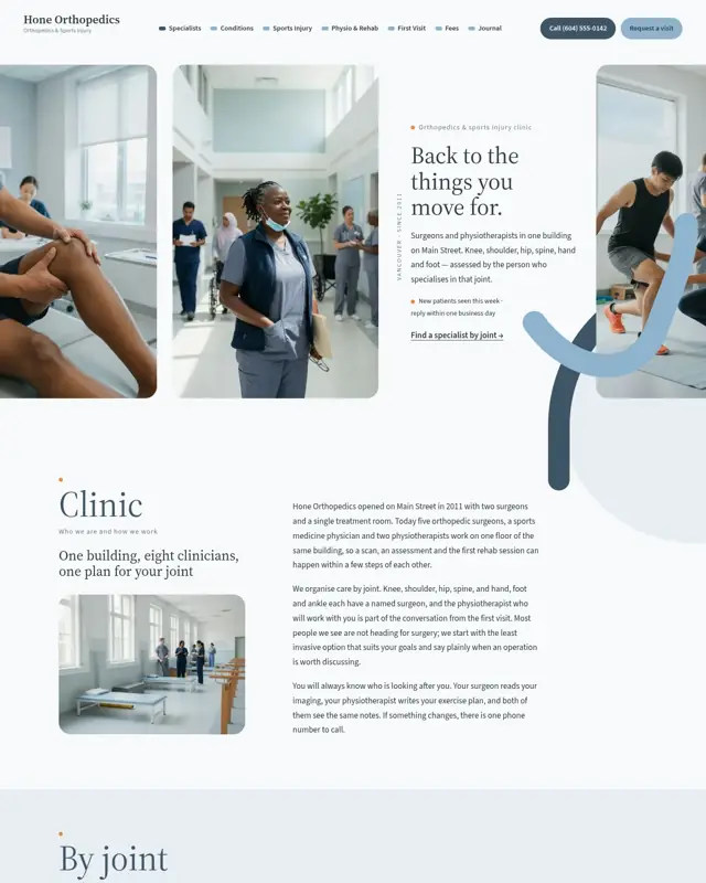 Home page of the Hone Orthopedics theme, a design for a orthopedic clinic
