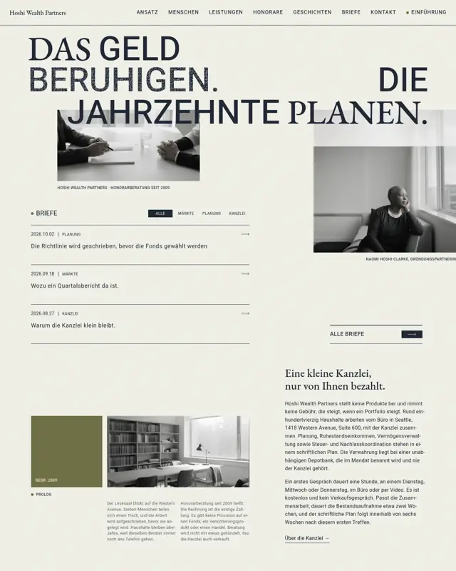 Startseite des Themes Hoshi Wealth Partners, ein Design für die Branche Vermögensverwaltung