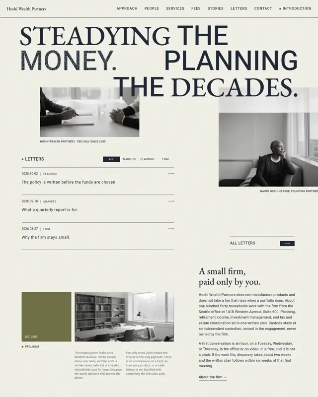 Home page of the Hoshi Wealth Partners theme, a design for a wealth management firm