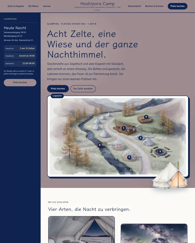 Startseite des Themes Hoshizora Camp, ein Design für die Branche Glampingplatz