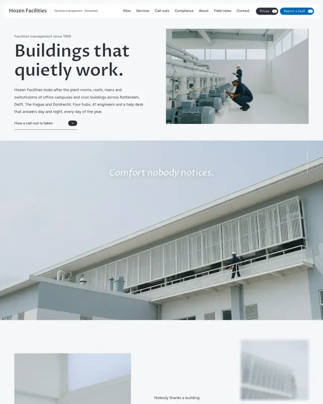 Home page of the Hozen Facilities theme, a design for a facilities management