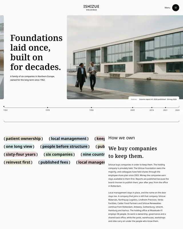 Home page of the Ishizue Holdings theme, a design for a diversified holding company