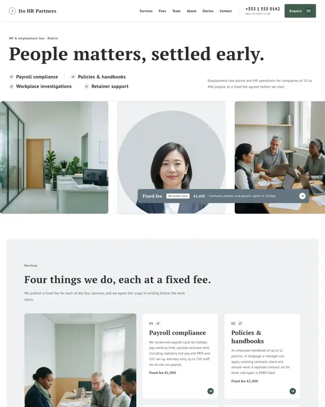 Home page of the Ito HR Partners theme, a design for a hr & employment law consultancy