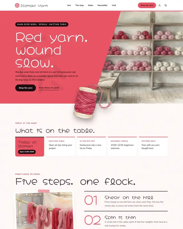 Home page of the Itomaki Yarn theme, a design for a yarn shop