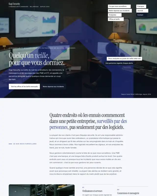 Page d’accueil du thème Kagi Security, un design pour la catégorie Société de cybersécurité managée