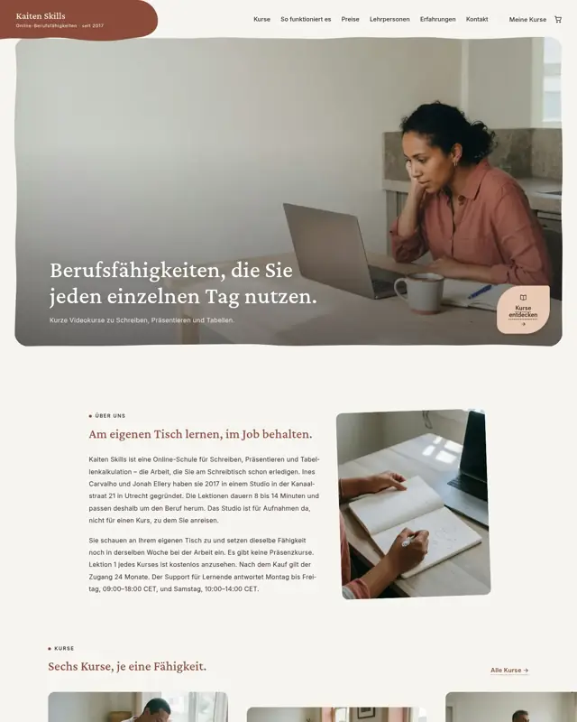 Startseite des Themes Kaiten Skills, ein Design für die Branche Online-Schule für Berufsskills