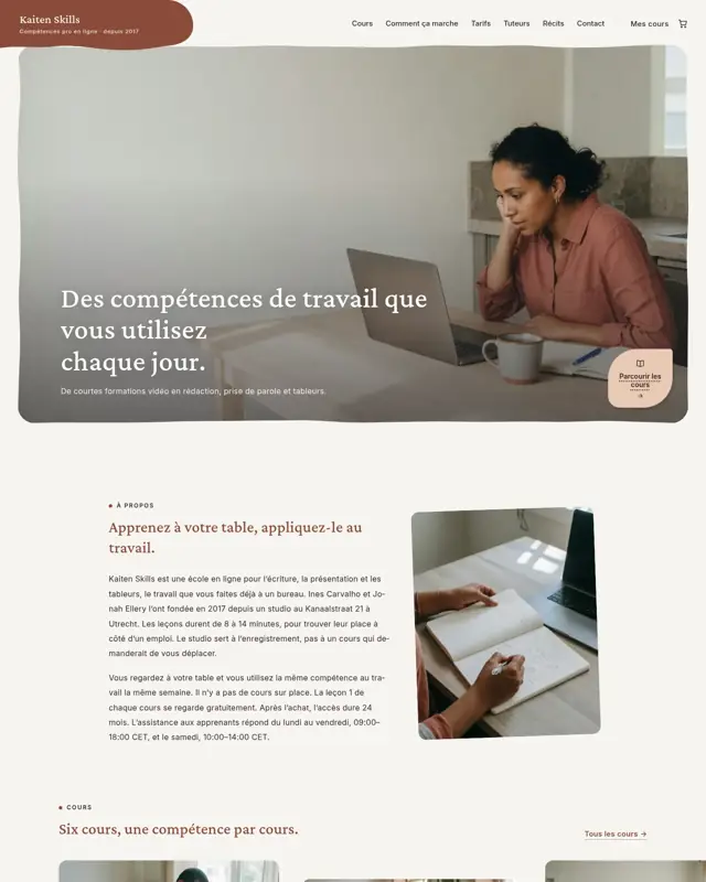 Page d’accueil du thème Kaiten Skills, un design pour la catégorie École de compétences pro en ligne