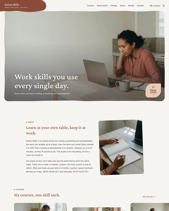 Home page of the Kaiten Skills theme, a design for a online career-skills school