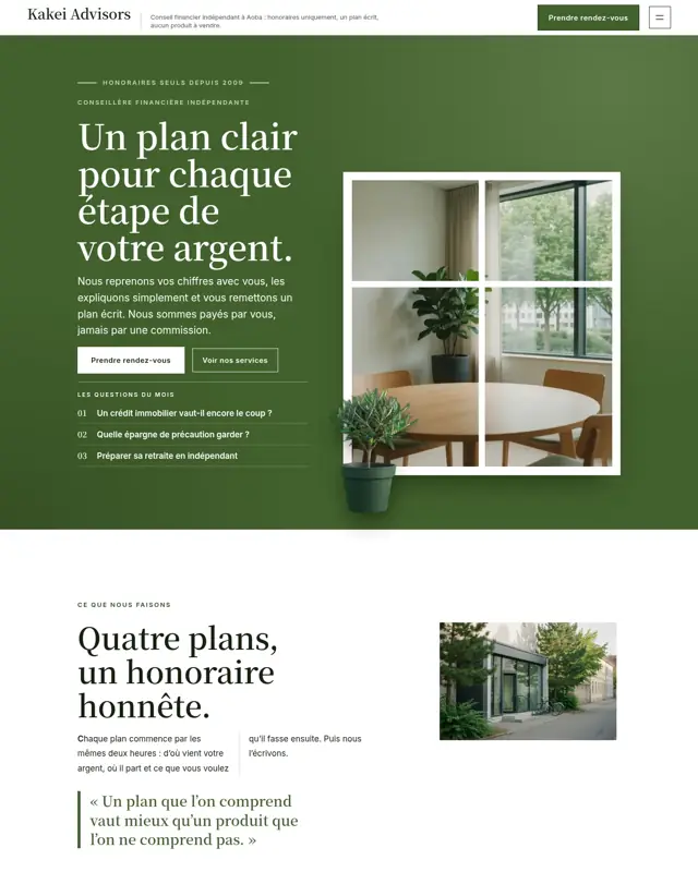 Page d’accueil du thème Kakei Advisors, un design pour la catégorie Conseiller financier indépendant