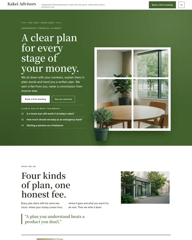 Home page of the Kakei Advisors theme, a design for a independent financial planner