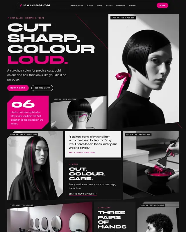 Home page of the Kami Salon theme, a design for a hair salon