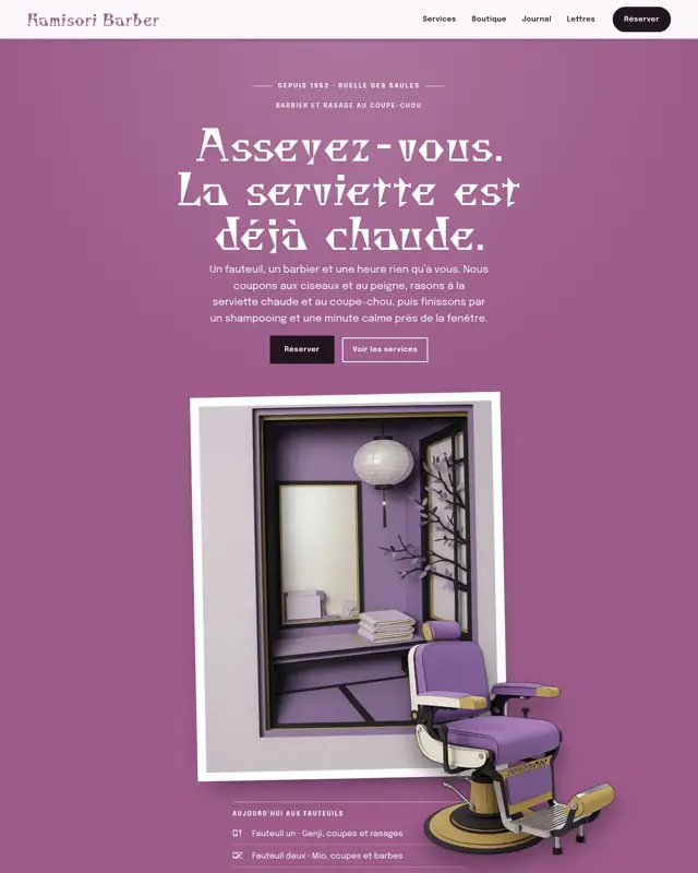 Page d’accueil du thème Kamisori Barber, un design pour la catégorie Salon de barbier
