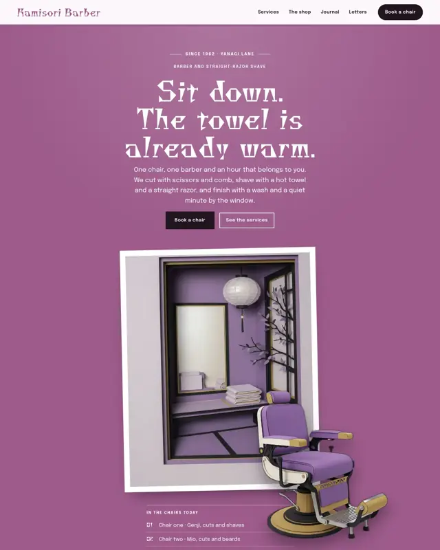 Home page of the Kamisori Barber theme, a design for a barbershop