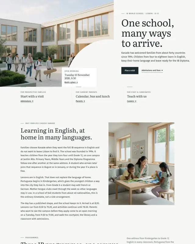 Home page of the Kanade International School theme, a design for a international school