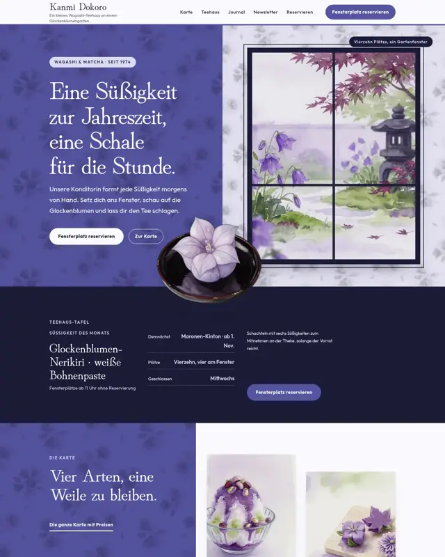 Startseite des Themes Kanmi Dokoro, ein Design für die Branche Wagashi-Teehaus