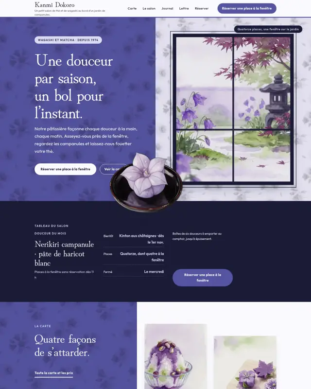 Page d’accueil du thème Kanmi Dokoro, un design pour la catégorie Salon de thé wagashi