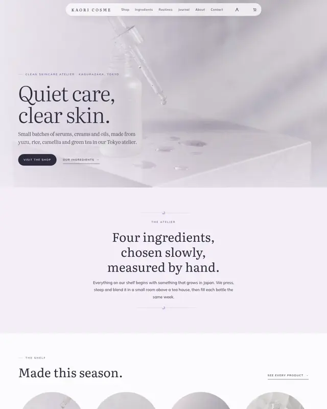 Home page of the Kaori Cosme theme, a design for a skincare / cosmetics