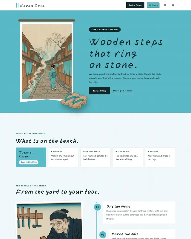 Home page of the Karan Geta theme, a design for a geta sandals