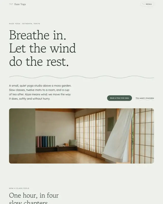 Home page of the Kaze Yoga theme, a design for a yoga studio