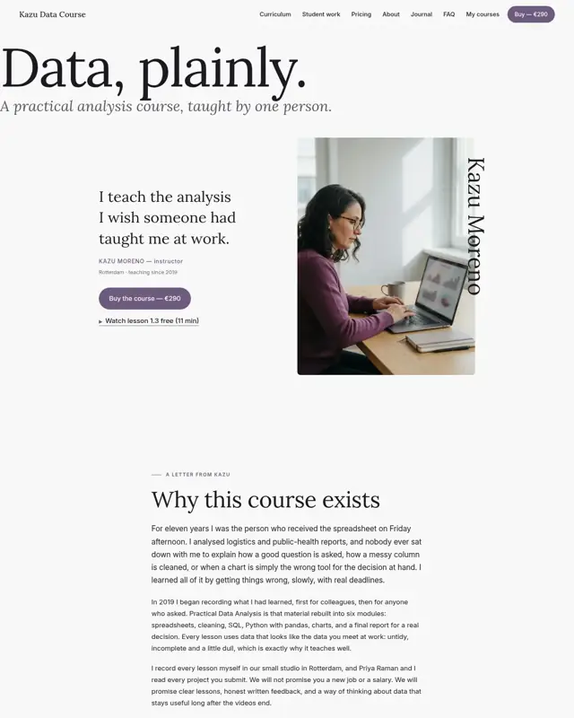 Home page of the Kazu Data Course theme, a design for a online course