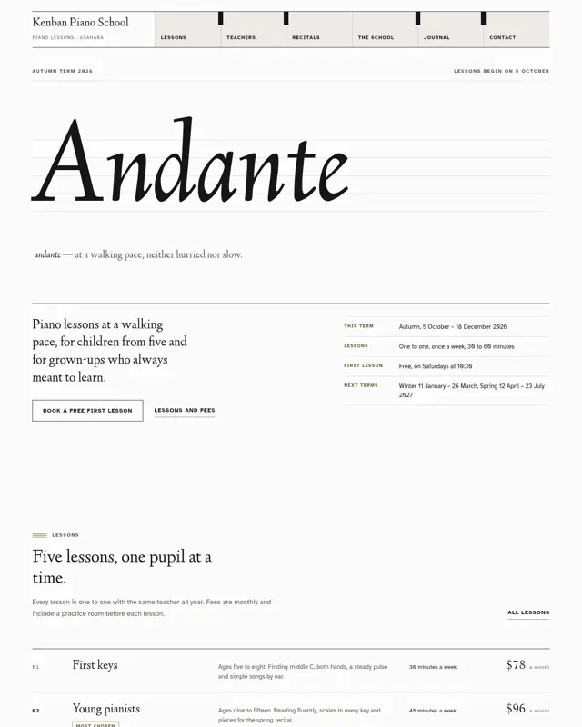 Home page of the Kenban Piano School theme, a design for a piano school