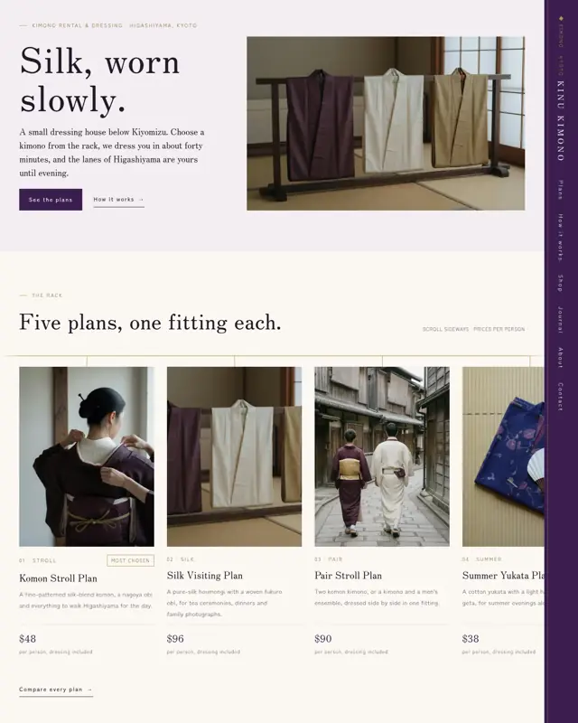 Home page of the Kinu Kimono theme, a design for a kimono rental