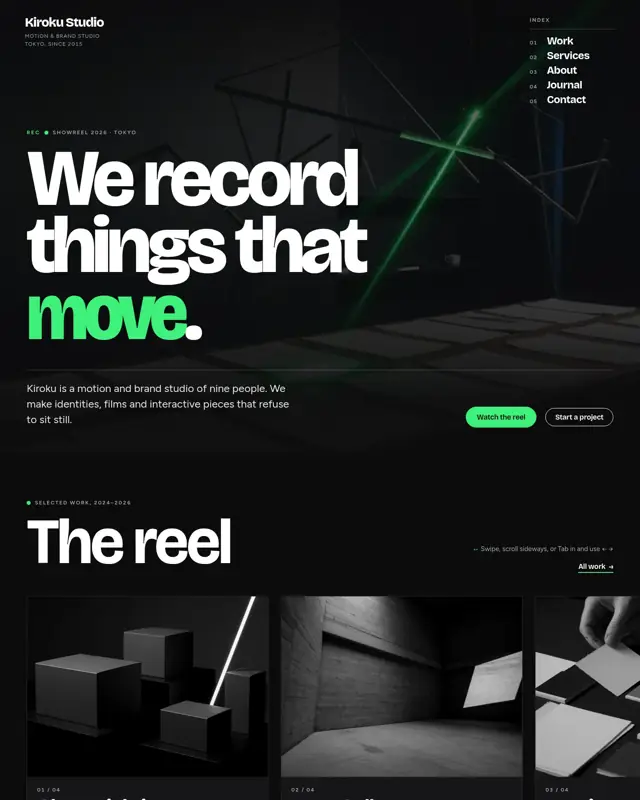 Home page of the Kiroku Studio theme, a design for a creative agency
